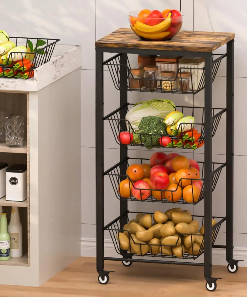 5-Tier Rolling Kitchen Cart with Pull-Out Baskets, Wood Top & Banana Holder for Fruit Vegetable Storage