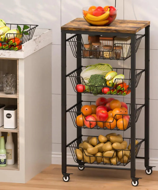 5-Tier Rolling Kitchen Cart with Pull-Out Baskets, Wood Top & Banana Holder for Fruit Vegetable Storage