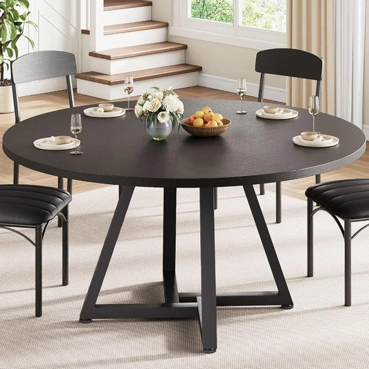 Round Kitchen Dining Room Table Circle Dining Dinner Table with Pedestal Metal Frame, Space Saving Wood Industrial Furniture
