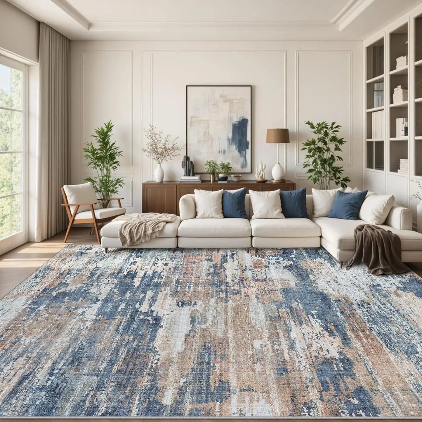 Large 9x12 Area Rug with Non-Slip Backing, Machine Washable, Stain Resistant for Living Room, Bedroom, Dining Room