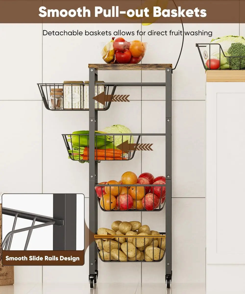 5-Tier Rolling Kitchen Cart with Pull-Out Baskets, Wood Top & Banana Holder for Fruit Vegetable Storage