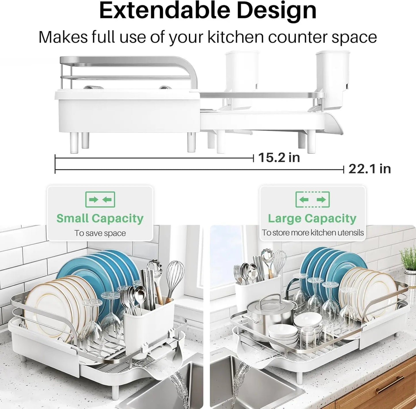 Expandable Stainless Steel Dish Drying Rack with Drainboard and Utensil Holder for Kitchen Counter, White
