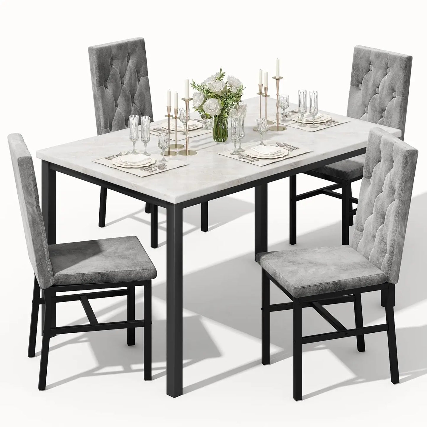 Dining Table Set for 4, Faux Marble Small Kitchen Table Chairs Set of 4 with Luxurious Button Tufted Dinner Chairs, Customized