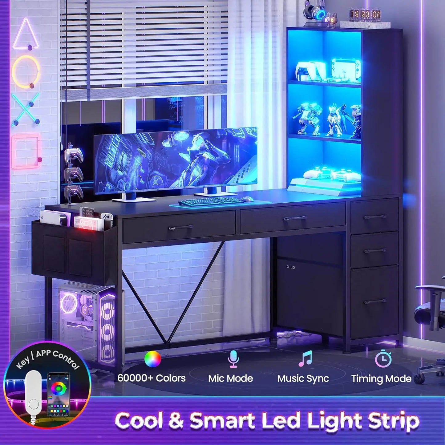 Computer Gaming Desk with 5 Drawers and Bookshelf, Reversible Home Office Desk with Storage Shelves and File, Customized