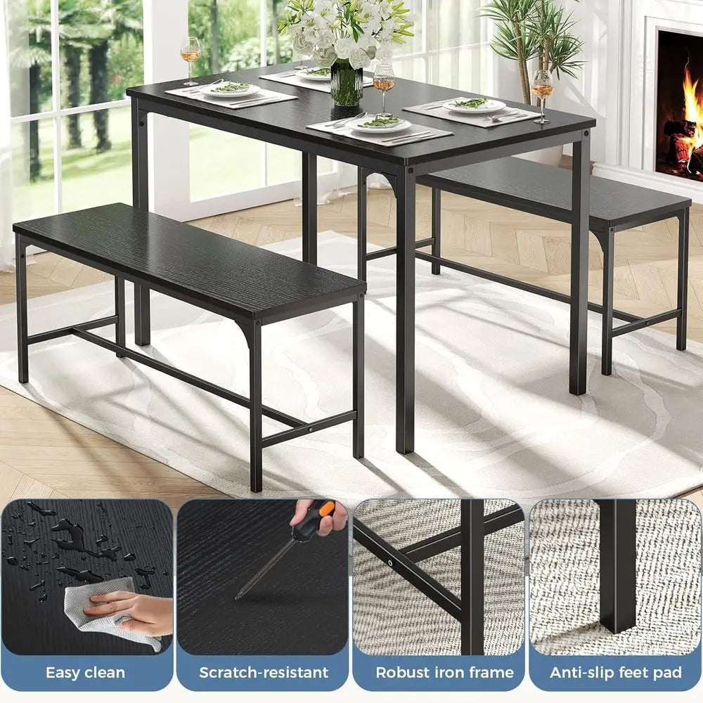 Dining Table Set, Dining Table or 4 with Bench, Kitchen Table, Space-Saving Ideal 4-Person Set or Dining Room Kitchen Aparent Bl