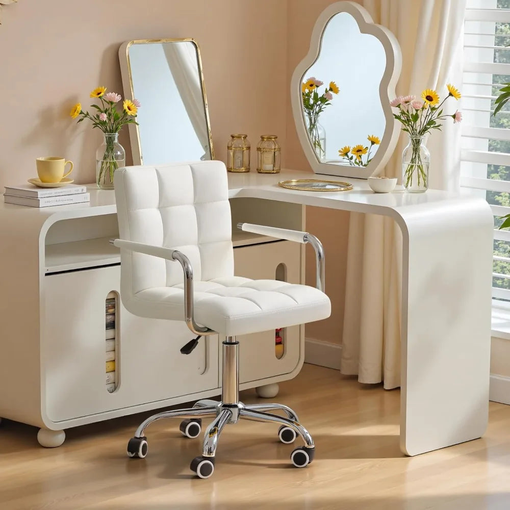 Vanity Office Chair with Wheels, Makeup PU Leather Executive Chair Modern Adjustable Home Desk Retro Comfortable Work Chair