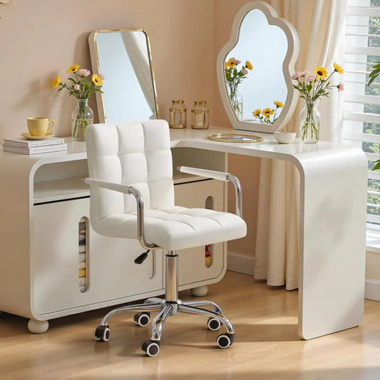 Vanity Office Chair with Wheels, Makeup PU Leather Executive Chair Modern Adjustable Home Desk Retro Comfortable Work Chair