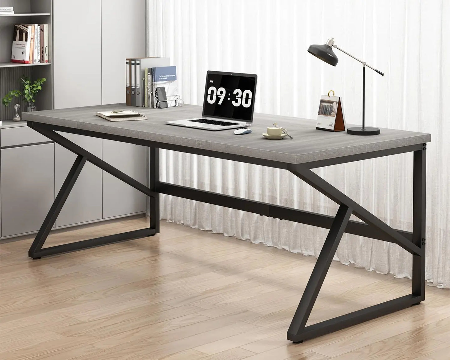 70 Inch Long Grey Desk, Large Home Office Computer Desk for 2 People, Industrial Wood and Metal Executive Work, Customized