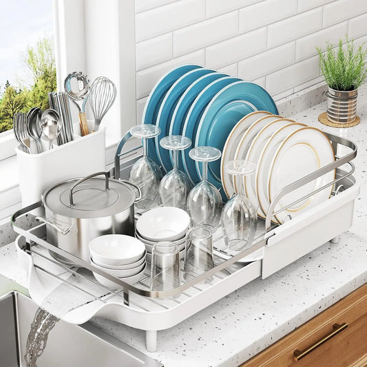 Expandable Stainless Steel Dish Drying Rack with Drainboard and Utensil Holder for Kitchen Counter, White