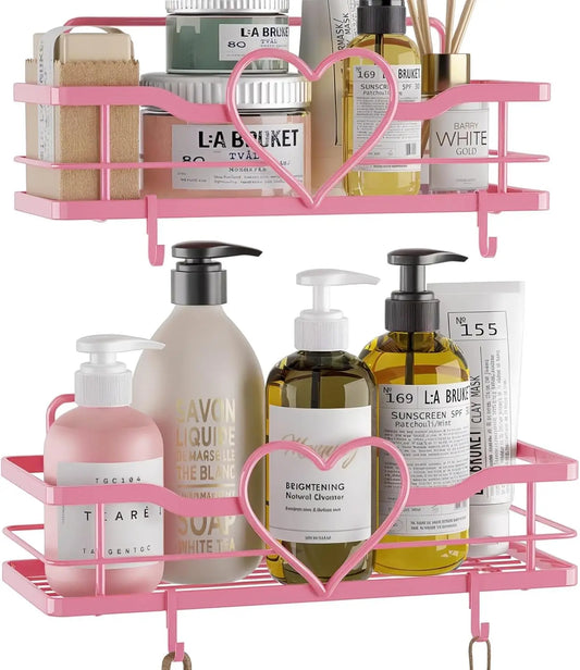 Pink Shower Caddy with 4 Removable Hooks, 2-Pack Sweet Heart Shelves, No-Drill Adhesive Organizer for Bathroom, Kitchen