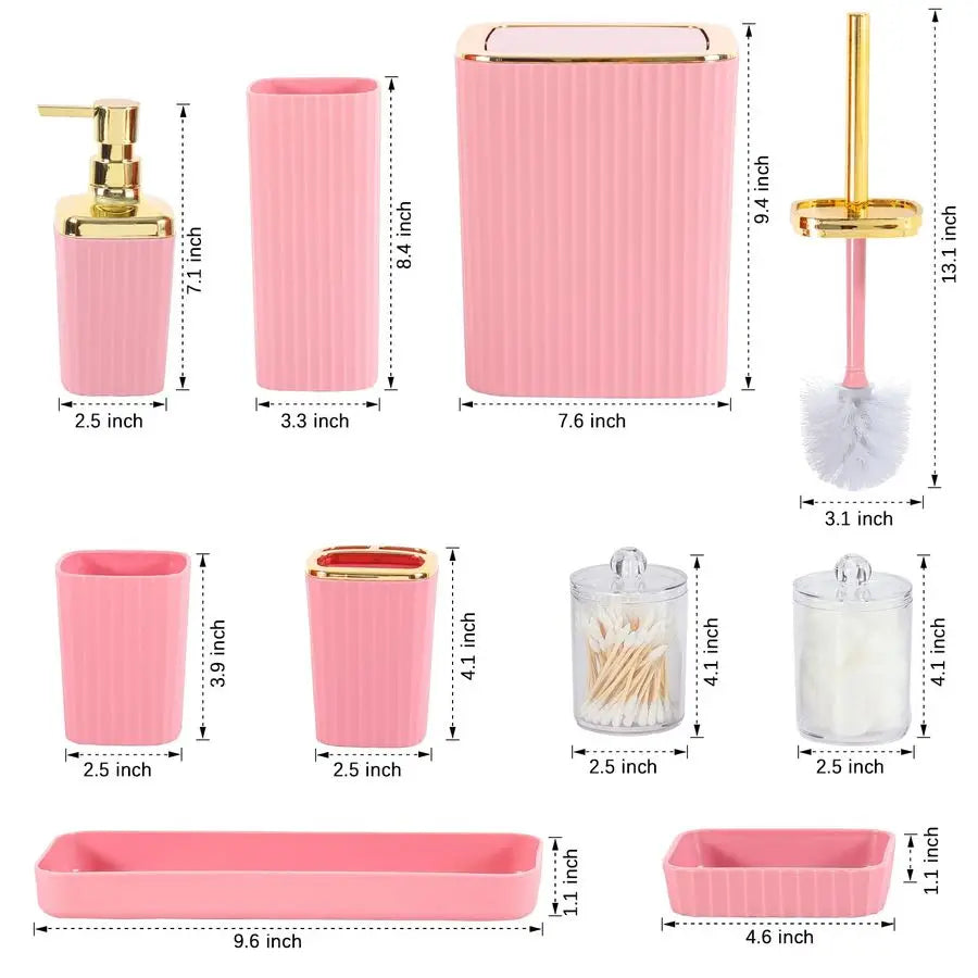 Bathroom Accessories Kit 9 Pieces Pink Bathroom Set with Trash Can Toothbrush Holder Soap Dispenser Toothbrush Cup