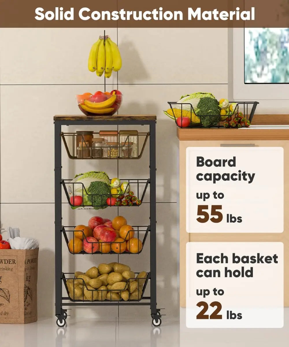 5-Tier Rolling Kitchen Cart with Pull-Out Baskets, Wood Top & Banana Holder for Fruit Vegetable Storage