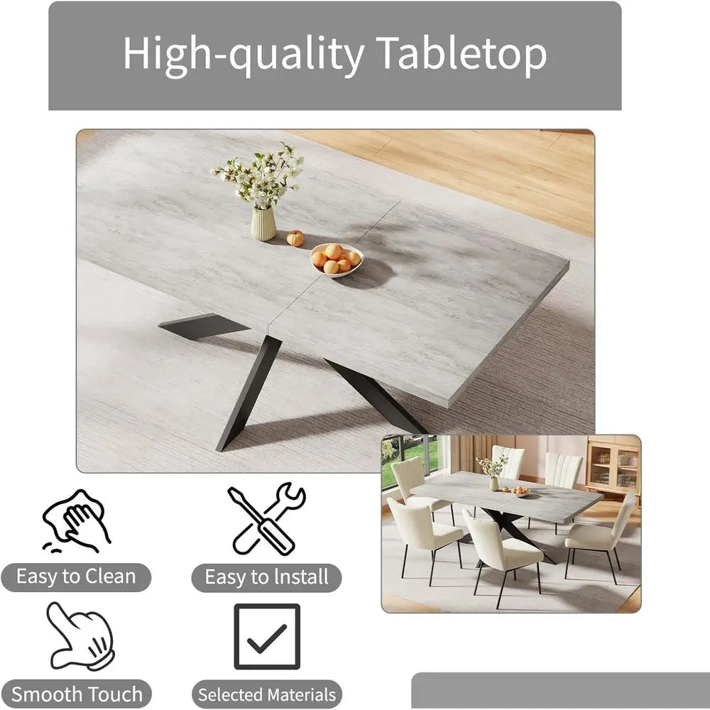 Exble Dining Table Set or 6-8 People, 51"-67" ern Recular Dining Table with 6 Chairs, Grey Tabletop with Sturdy Metal e, Space-S