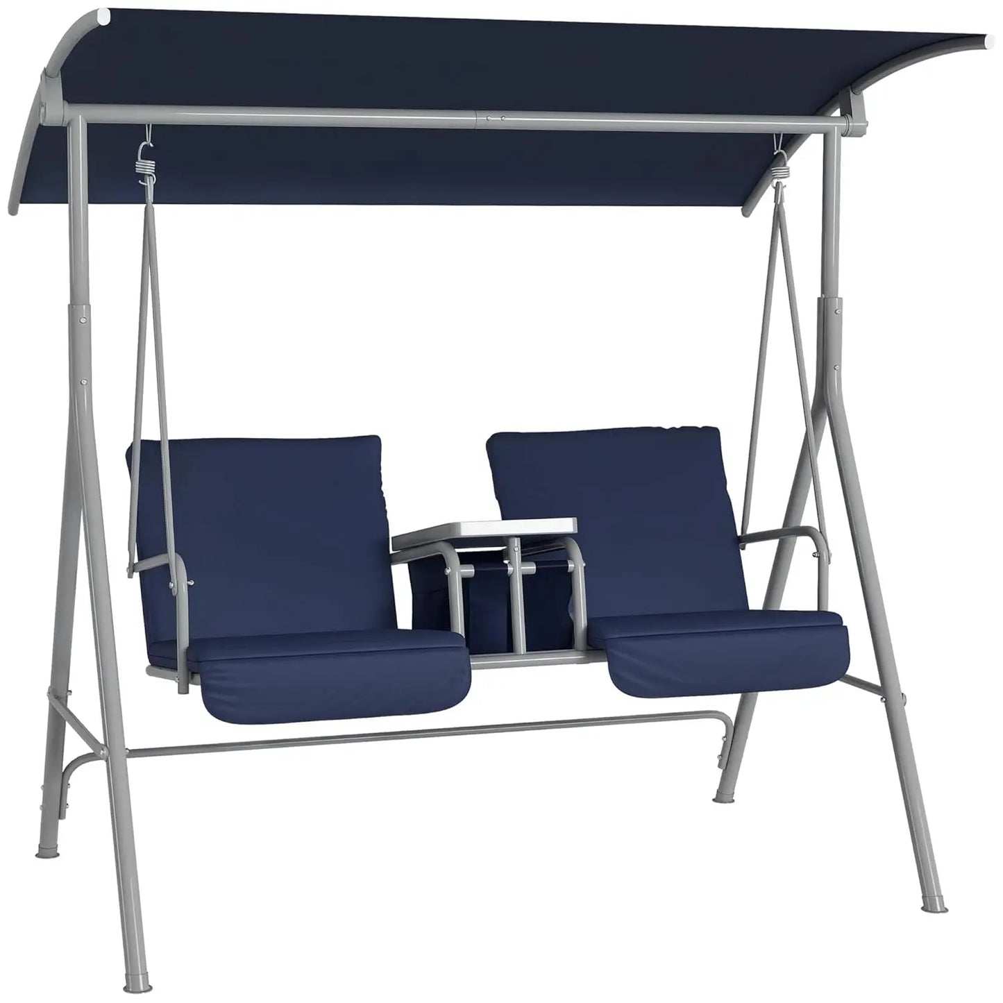 2 Person Outdoor Canopy Swing with Stand, Storage Tray & Cup Holders, Cushioned Seat for Patio Backyard, Beige, Customized