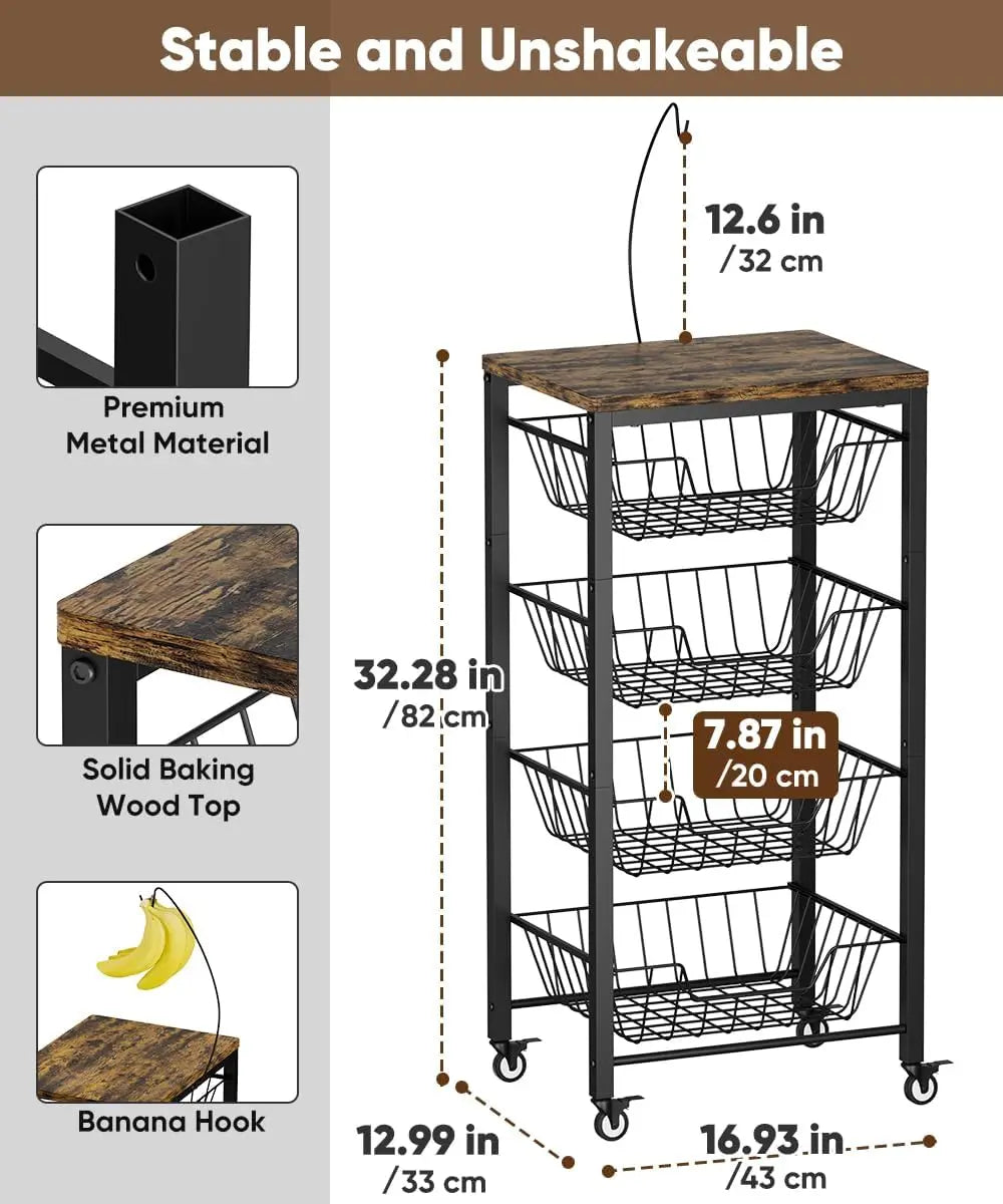 5-Tier Rolling Kitchen Cart with Pull-Out Baskets, Wood Top & Banana Holder for Fruit Vegetable Storage
