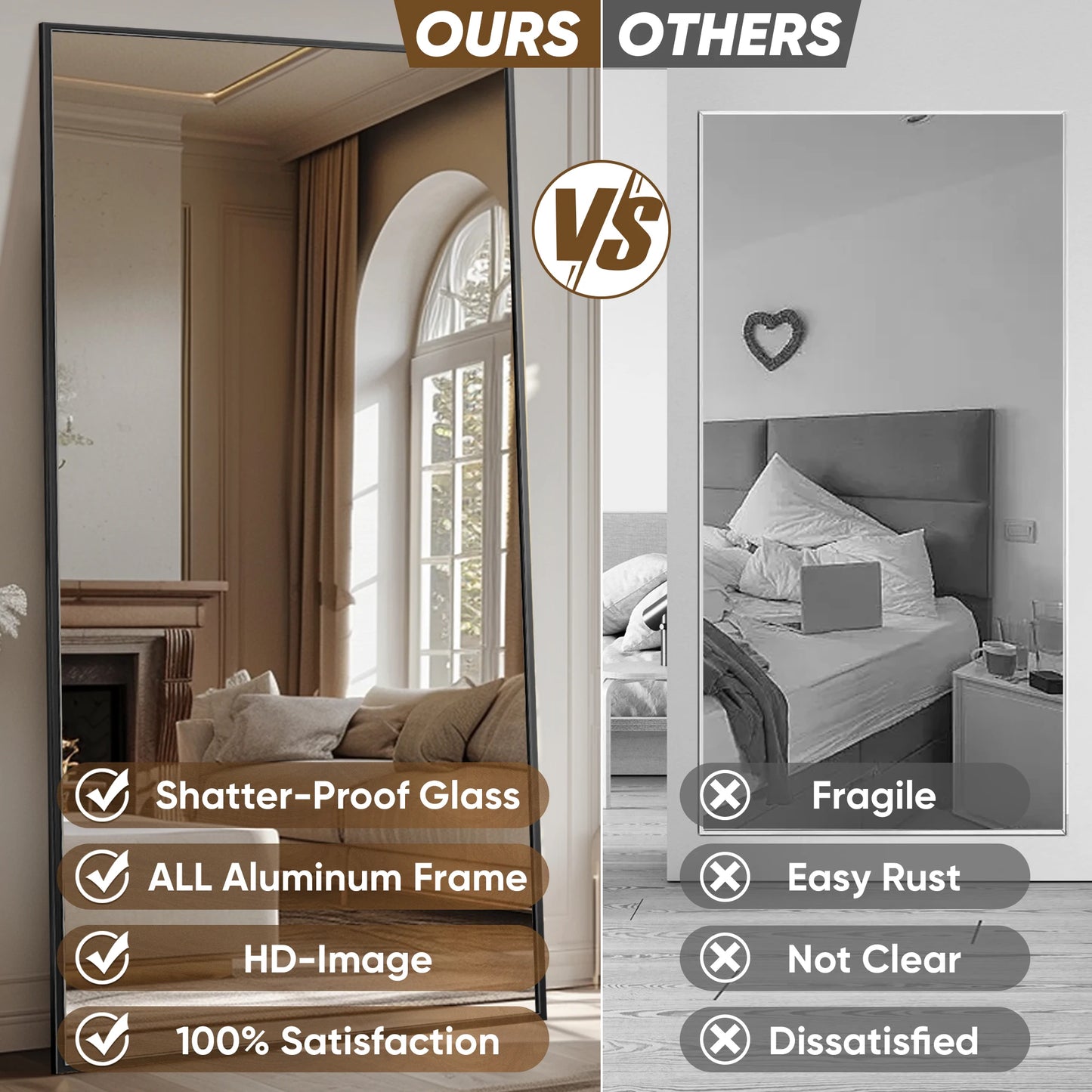 Full Length Mirror, 78"x38" Floor Mirror with Stand, Hanging Mounted Mirrors for Bedroom, Living Room, Dining Room,  Rect