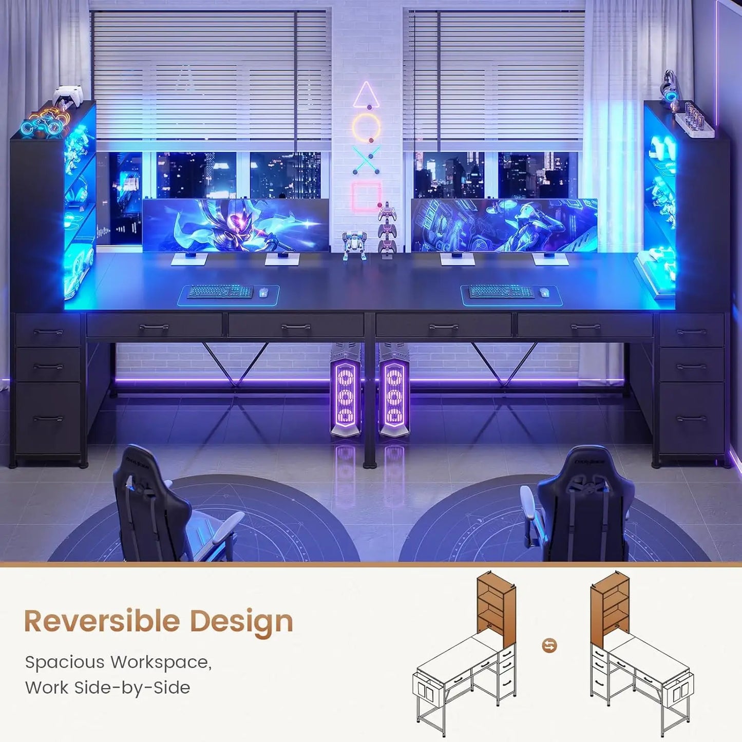 Computer Gaming Desk with 5 Drawers and Bookshelf, Reversible Home Office Desk with Storage Shelves and File, Customized