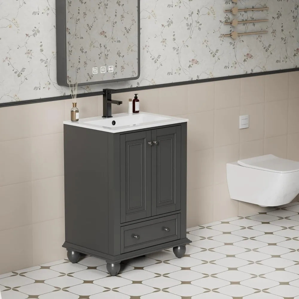 24" Bathroom Vanity Sink Combo Vintage Style with Painted Solid Wood Construction, Retro Vanities Storage Cabinet w/Gourd Leg