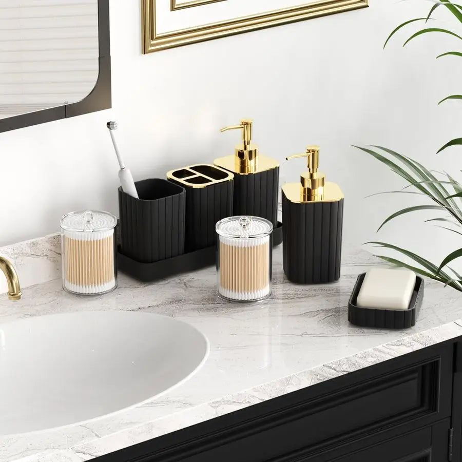Accessories Set Gorgeous Black Bathroom Set, 10PC Bathroom Accessory Set, Toilet Brush, Trash Can, Qtip Holder amp Soap Dispense