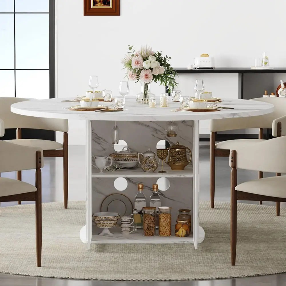 47 Round Dining Table with Storage, White Faux Marble Kitchen Tables for 46 People, Modern Dining Room Table with Fridge Space,