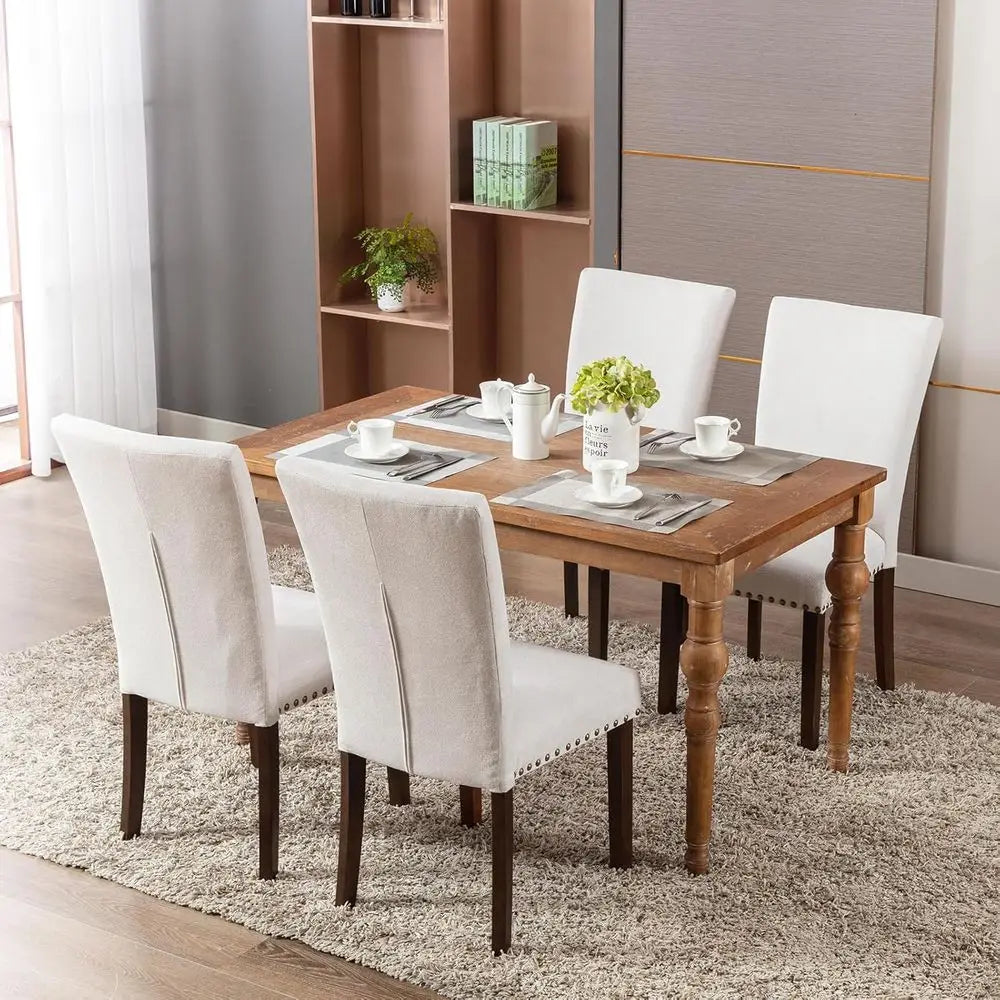 Upholstered Parsons Dining Chairs Set o 4, abric Dining Room Kitchen Side Chair with NailTrim and Wood Legs - Beige,No Table