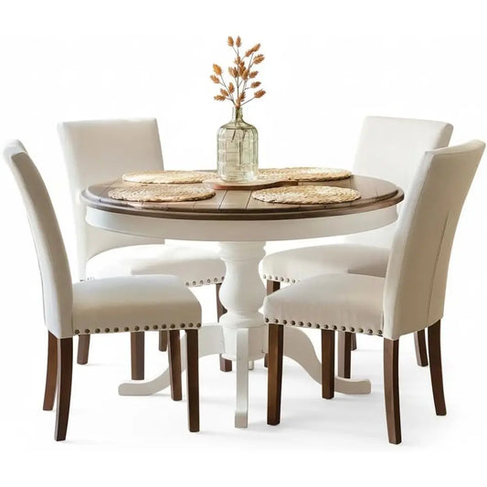 Upholstered Parsons Dining Chairs Set o 4, abric Dining Room Kitchen Side Chair with NailTrim and Wood Legs - Beige,No Table