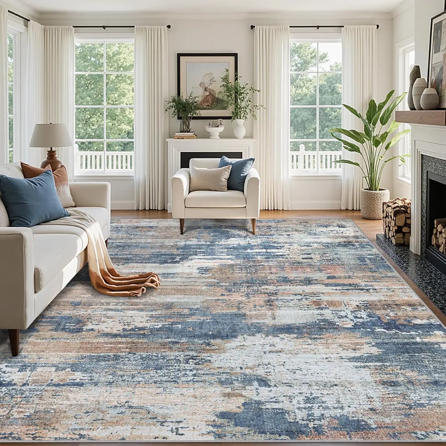 Large 9x12 Area Rug with Non-Slip Backing, Machine Washable, Stain Resistant for Living Room, Bedroom, Dining Room