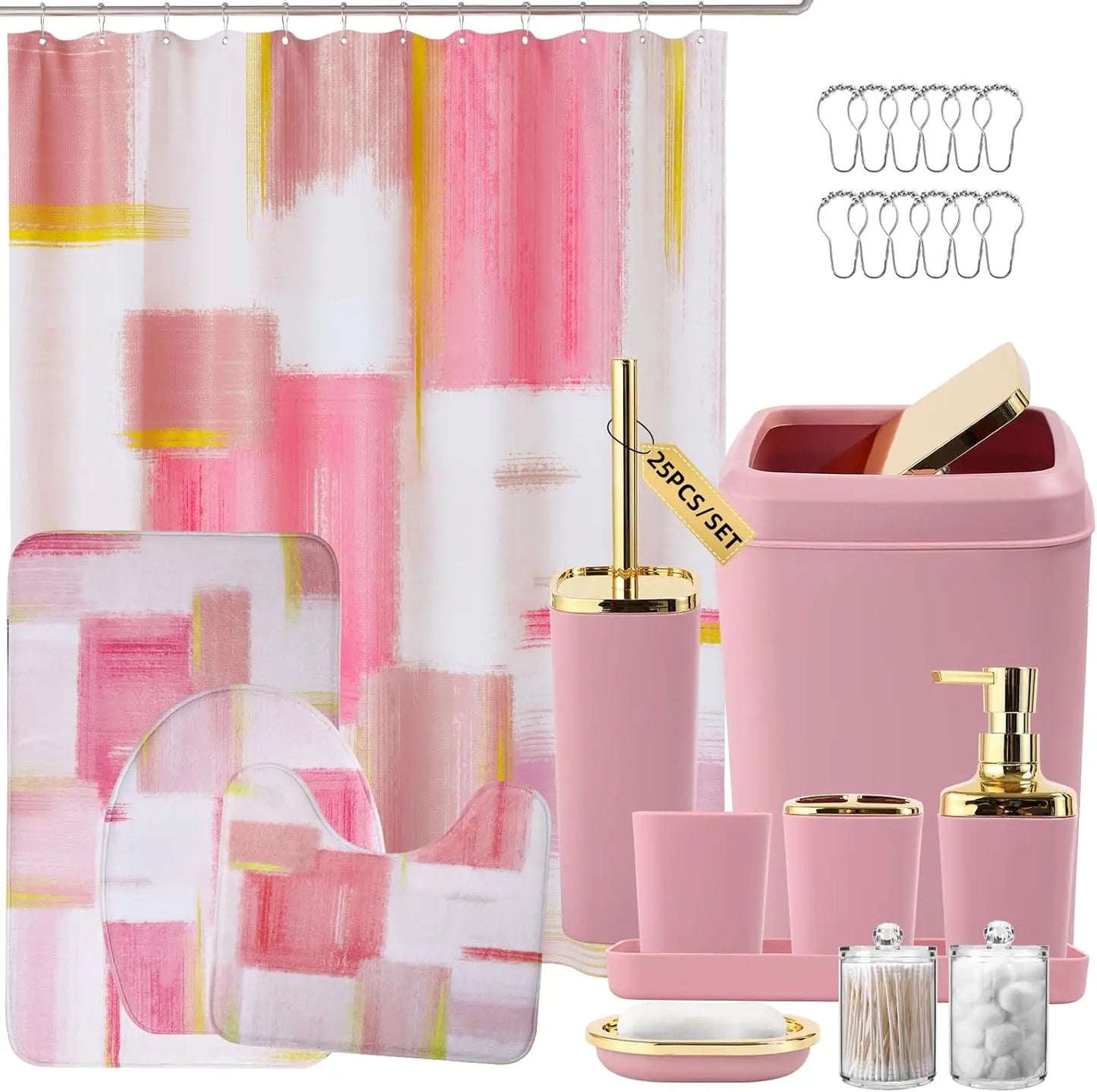 Pink and Gold Bathroom Accessories Set with Shower Curtain, Rugs, Trash Can, Soap Dispenser for Home Decor