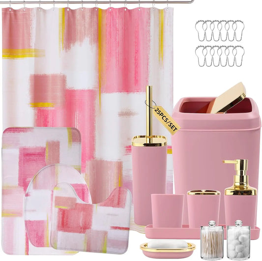 Pink and Gold Bathroom Accessories Set with Shower Curtain, Rugs, Trash Can, Soap Dispenser for Home Decor
