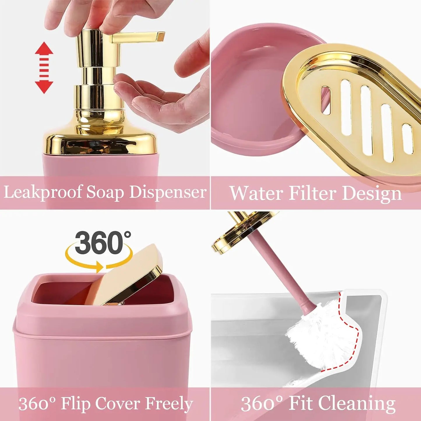 Pink and Gold Bathroom Accessories Set with Shower Curtain, Rugs, Trash Can, Soap Dispenser for Home Decor