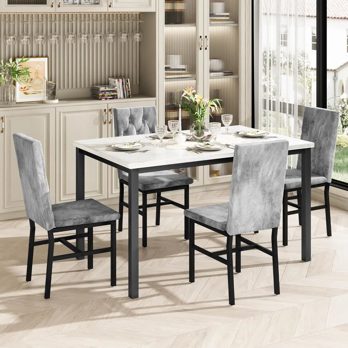 Dining Table Set for 4, Faux Marble Small Kitchen Table Chairs Set of 4 with Luxurious Button Tufted Dinner Chairs, Customized