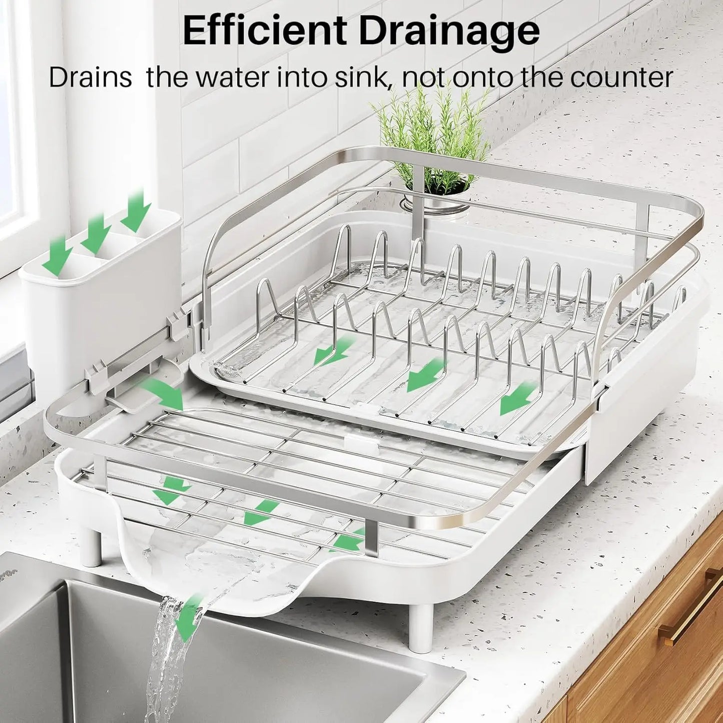 Expandable Stainless Steel Dish Drying Rack with Drainboard and Utensil Holder for Kitchen Counter, White