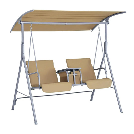 2 Person Outdoor Canopy Swing with Stand, Storage Tray & Cup Holders, Cushioned Seat for Patio Backyard, Beige, Customized