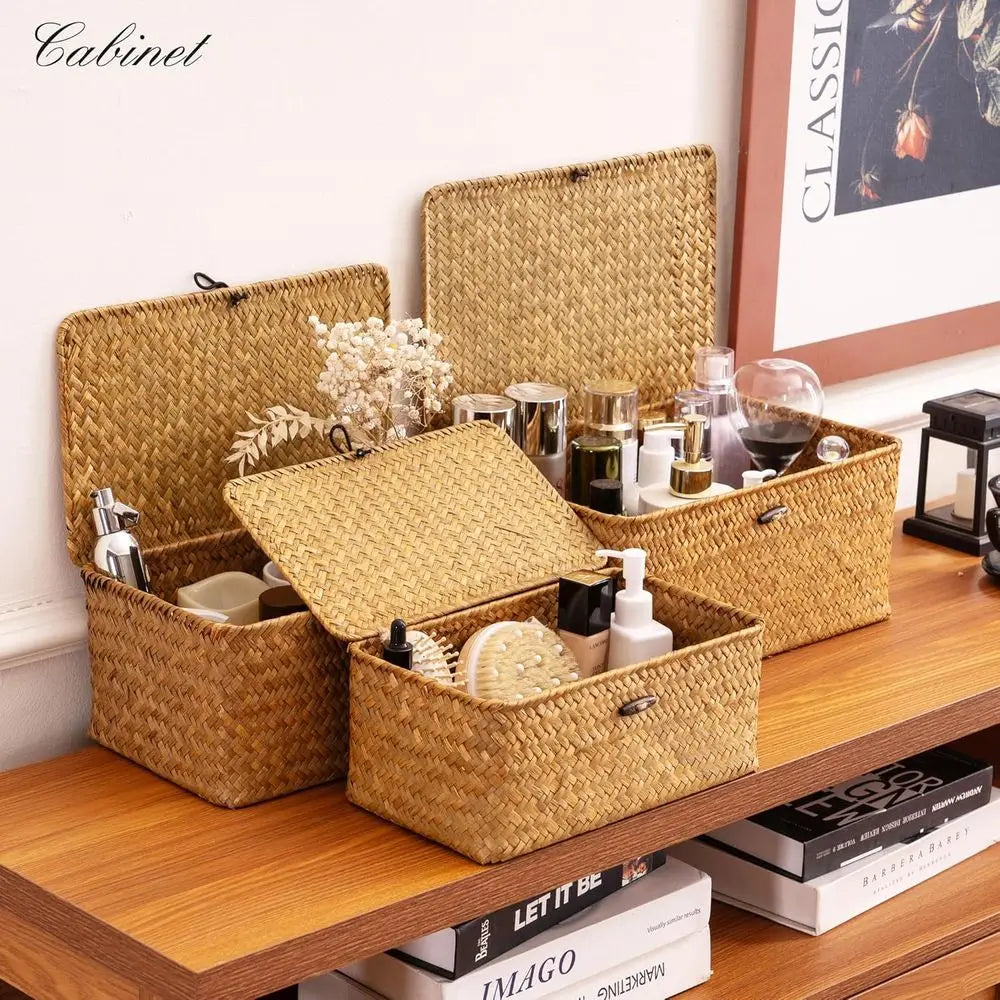 Storage Basket with Lid, Natural Seagrass Bin with Lid Set of 3, Shelf Baskets Multipurpose Container for Boho Decoration, Recta