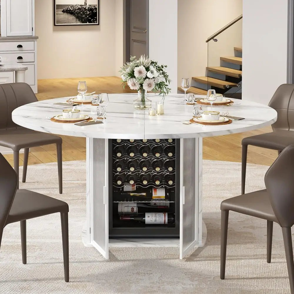 47 Round Dining Table with Storage, White Faux Marble Kitchen Tables for 46 People, Modern Dining Room Table with Fridge Space,