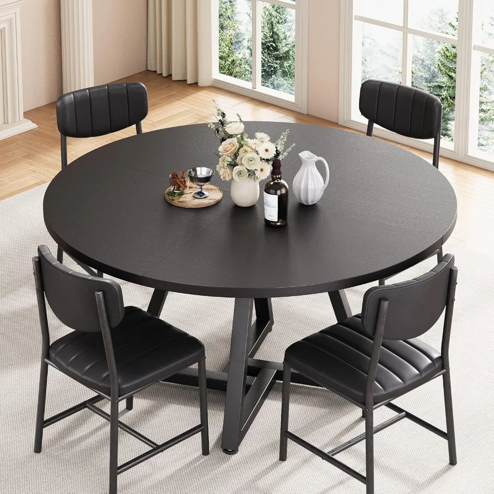 Round Kitchen Dining Room Table Circle Dining Dinner Table with Pedestal Metal Frame, Space Saving Wood Industrial Furniture